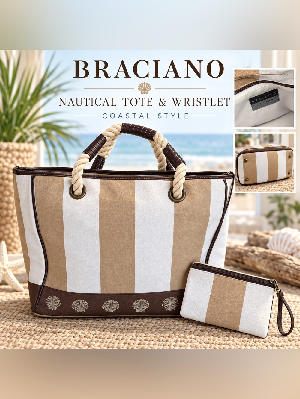 Braciano Nautical Striped Canvas Tote & Matching Wristlet